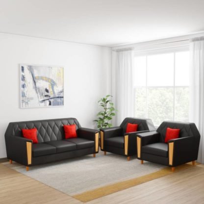Kurlon Crescent Leatherette 3 + 1 + 1 Black Sofa Set